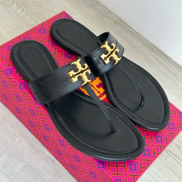 Tory Burch Black Leather Miller Thong Sandals with Gold Logo - Picture 2 of 4